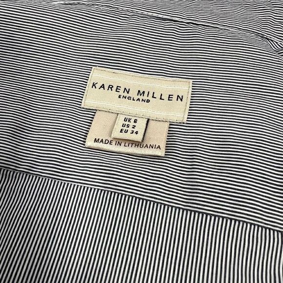 Karen Millen Navy Blue & White Stripe Ruffle Long Sleeve *Blouse Size 2 Small - Picture 3 of 12